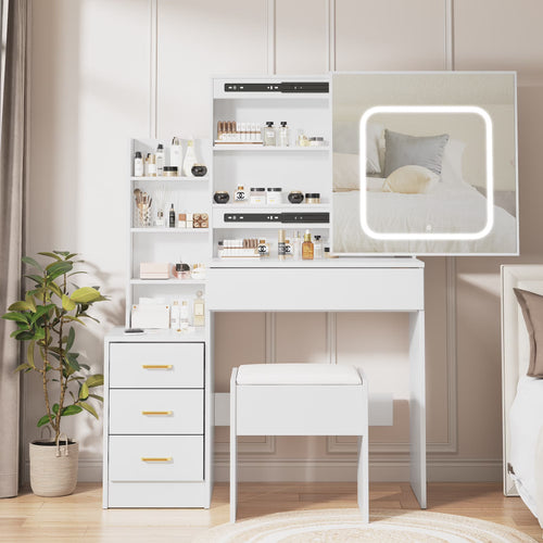 Vanity Desk with Sliding Mirror and Lights, Makeup Vanity Set with 4 Drawers, Stool, Power Outlet, Open Shelves, 3 Color Adjustable Lighting Modes, Makeup Dressing Table for Bedroom, White