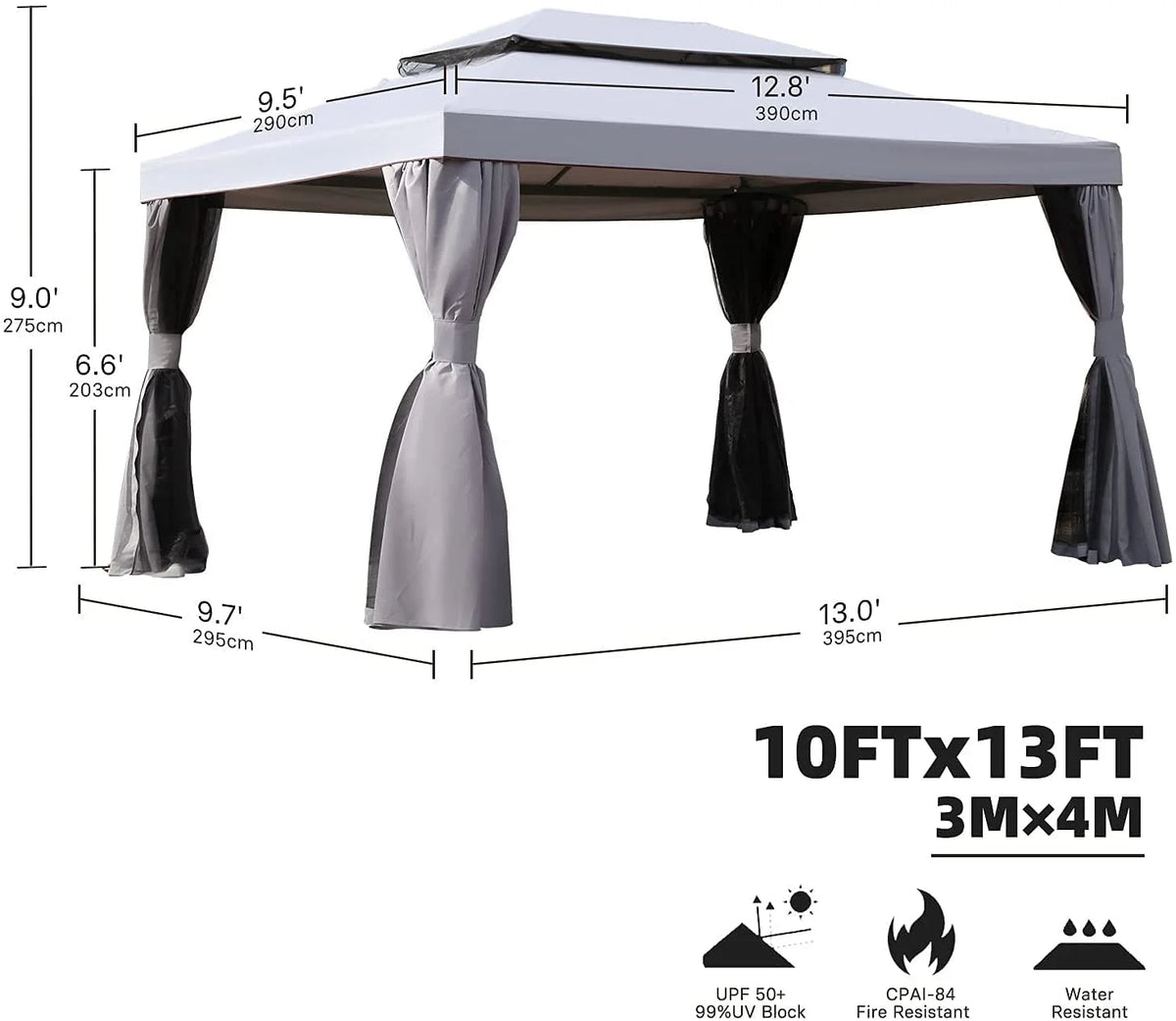 SIMENMAX 10x13 Ft Patio Gazebo,Outdoor Gazebo Canopy with Mosquito Netting and Curtains,Sturdy Soft Top Gazebo