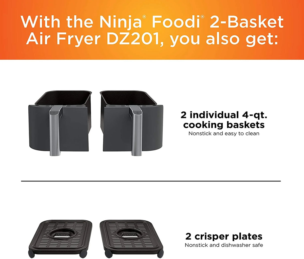 Restored Ninja DZ201 Foodi 6-in-1 2-Basket Air Fryer with DualZone Technology, 8-Quart Capacity, and a Dark Grey Stainless Finish (Refurbished)