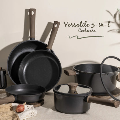 Astercook 18-Piece Pots and Pans Set, Nonstick Cookware Set with Elegant Wooden Handle, Oven Safe to 480��F, Induction Compatible, Kitchen Cooking Set for RV Trips, Camping and Picnic, Black