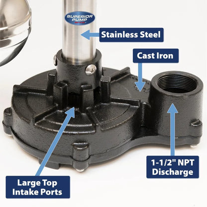 Superior Pump 92333 Multi Use Utility Sump Water Pump, 120 V, 0.33 Hp, 1-1/4 in Outlet, 50 Gpm, Thermoplastic - Black