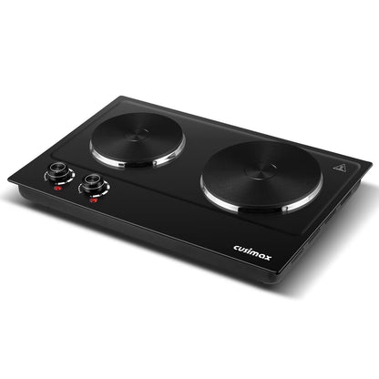 CUSIMAX 1800W Portable Double Burner Hot Plate �?Stainless Steel Countertop Electric Cooktop with Dual Cast Iron Heating Plates, Easy-to-Clean Silver Design, Upgraded Version