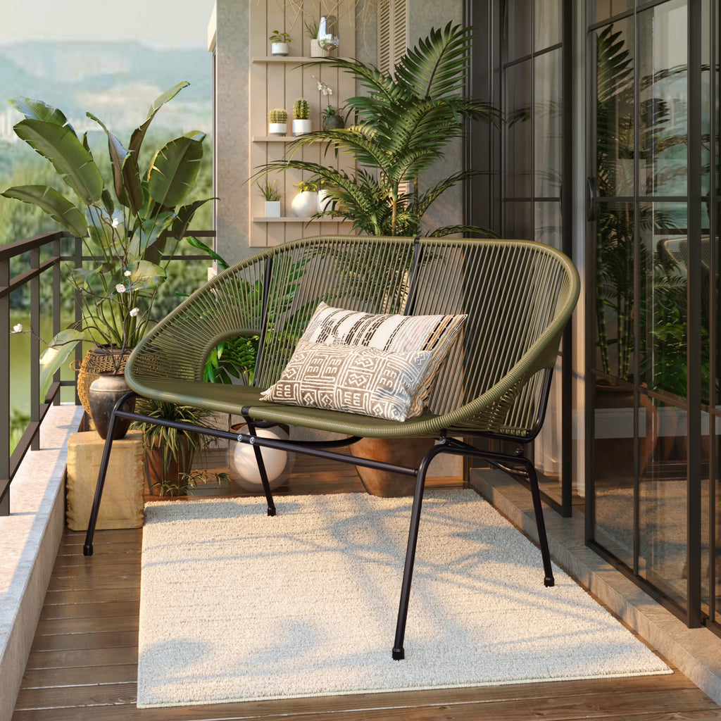 Aspen Modern Outdoor Patio Basket Loveseat, Hammock Weave Design, Metal Frame, Green