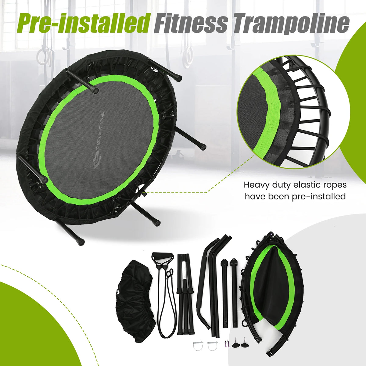 Costway 40'' Foldable Trampoline Fitness Rebounder with Resistance Bands Adjustable Home Green