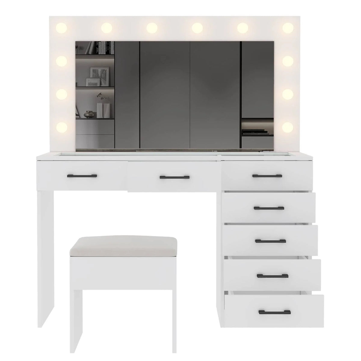 Ktaxon Large Makeup Vanity, Vanity Table Set w/ Visible Glass Top w/ Charging Station, White