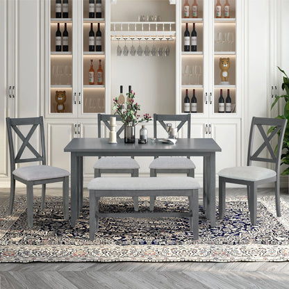 HANSHE Dining Table Set for 6, Farmhouse Dining Table Set with Foldable Table, Bench & 4 Chairs, Kitchen Table Sets with Chairs, Dining Room Set for Home Apartment Dorm, Gray