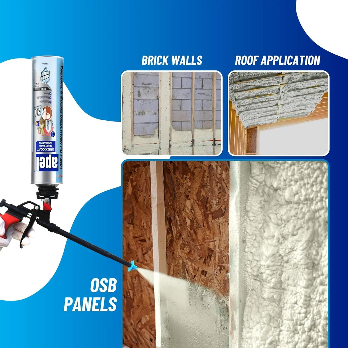 apel Spray Foam Insulation Kit (12 x 32.80 oz./240 Bd ft) Heat and Acoustic Insulation, Self Expanding Polyurethane Foam, Application Gun and Cleaner Included - 12 Pack