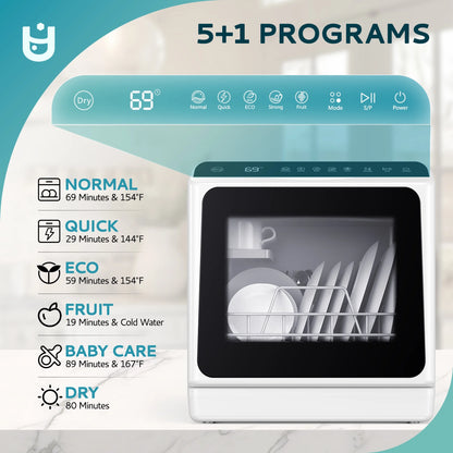 EUHOMY Portable Countertop Dishwashers with 5-Liter Built-in Water Tank and Air-Dry Function