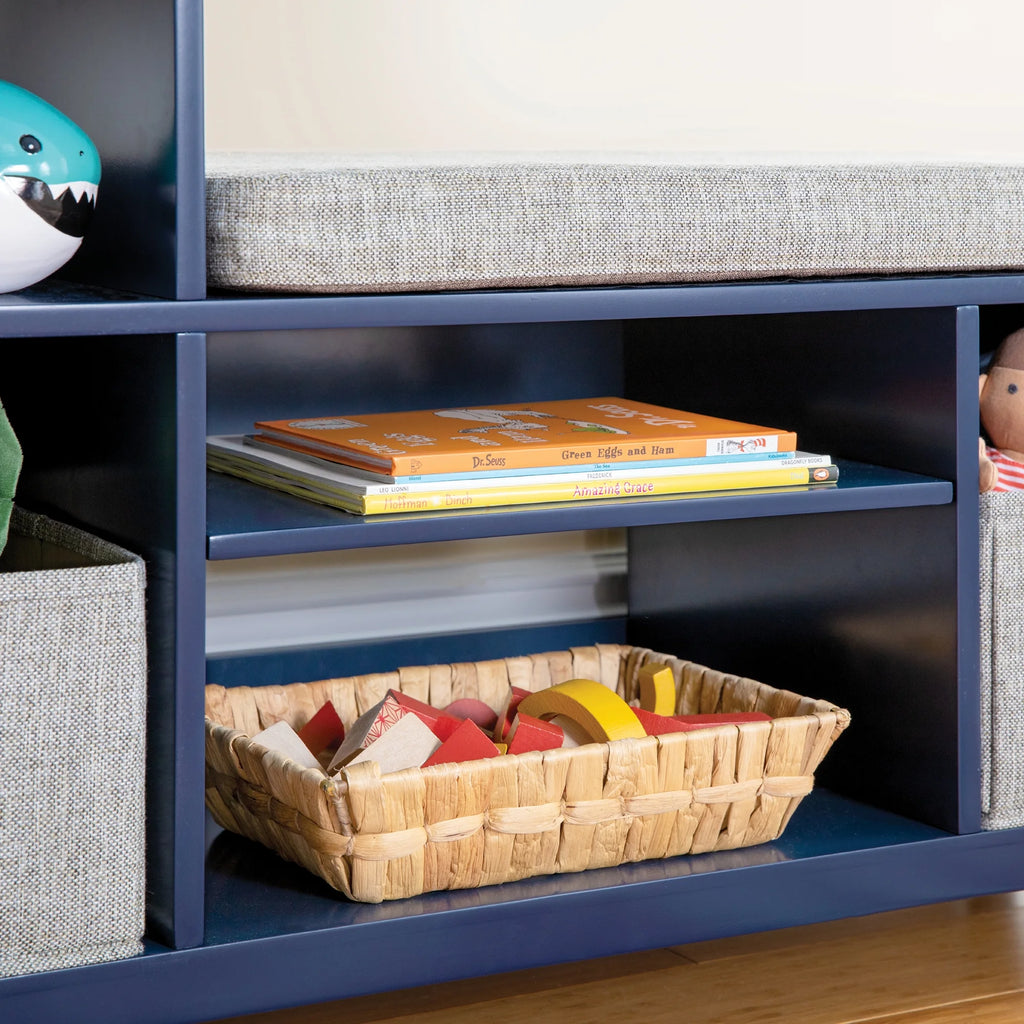 Martha Stewart Kids' Jr. Reading Nook with Bins - Linen White: Kids Wood Bookshelf and Storage Bench with Open Shelves and Canvas Storage Bins for Toys, Games, and Books