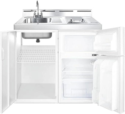 39 inch wide all-in-one kitchenette with 2-burner 115V smooth-top cooktop, refrigerator-freezer, sink, and storage cabinet