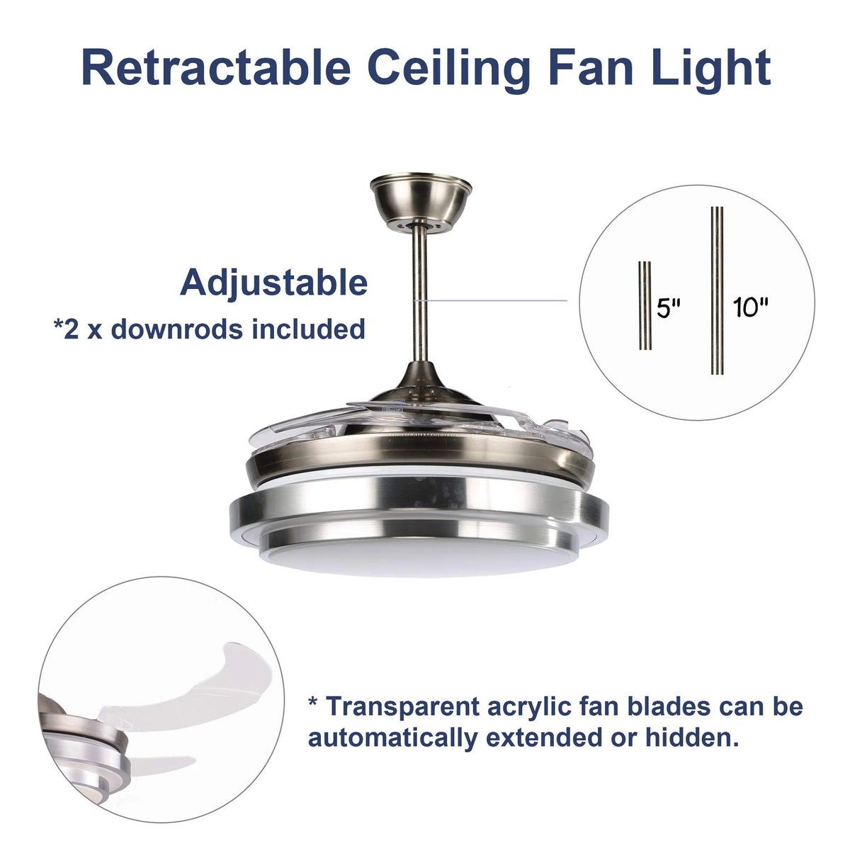 42" Retractable LED Ceiling Fan with Remote Control and Light Kit Included