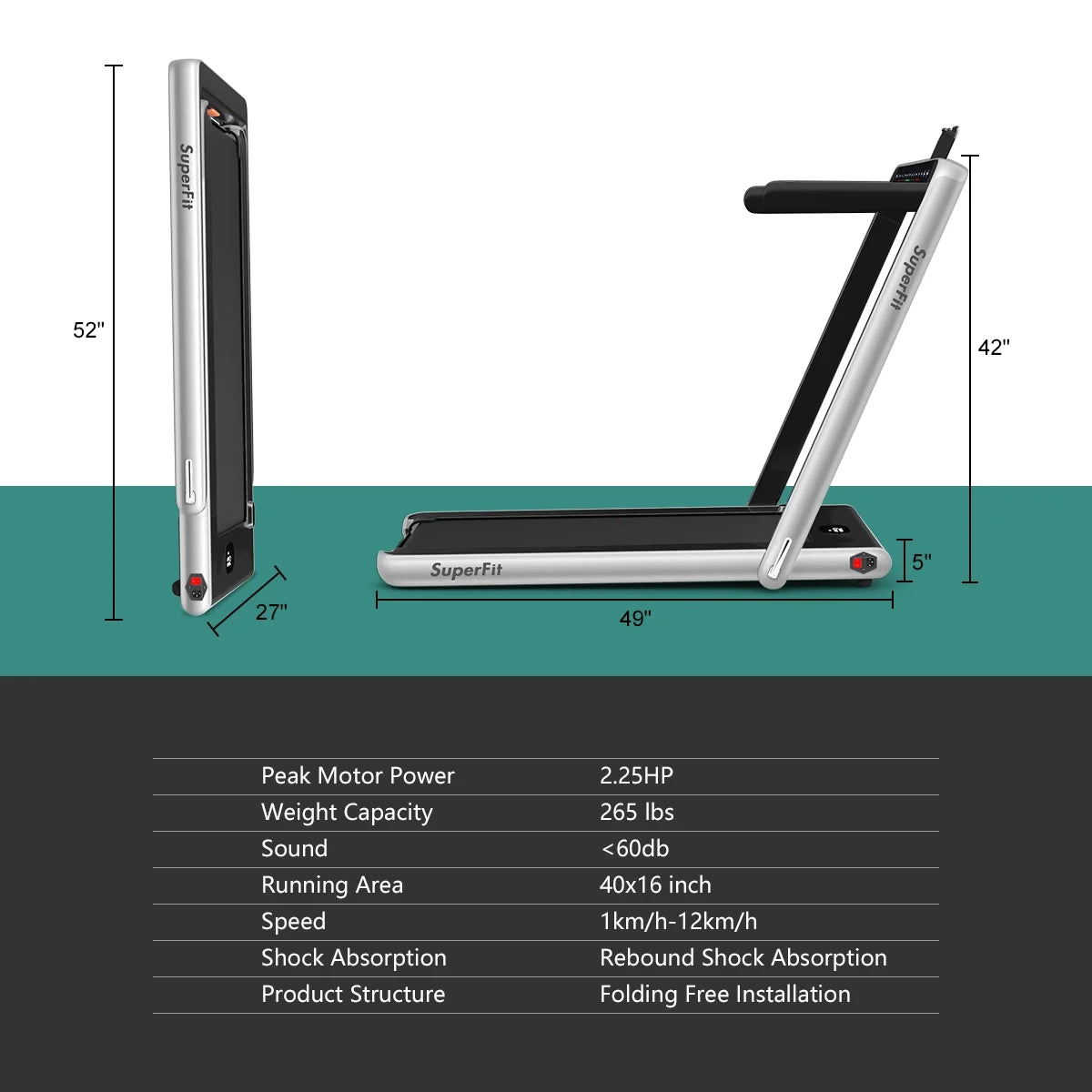 Gymax 2 in 1 Folding Treadmill 2.25HP Running Machine w/ Dual Display APP Control Black