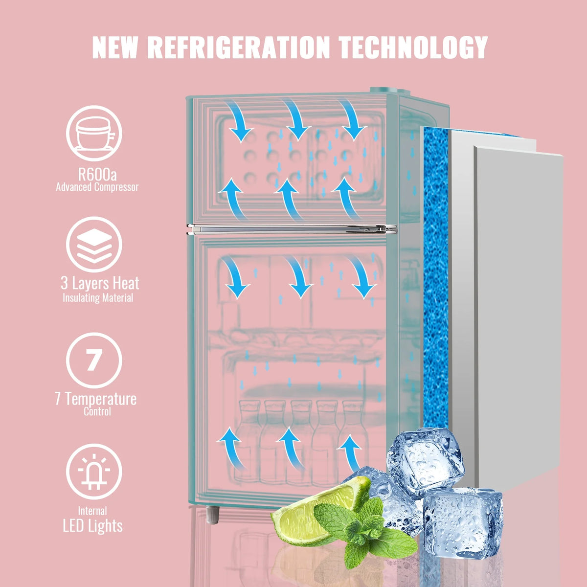 3.5 Cu.ft Compact Refrigerator WANAI Dual Doors Handles Mini Fridge with Top Freezer Blue New