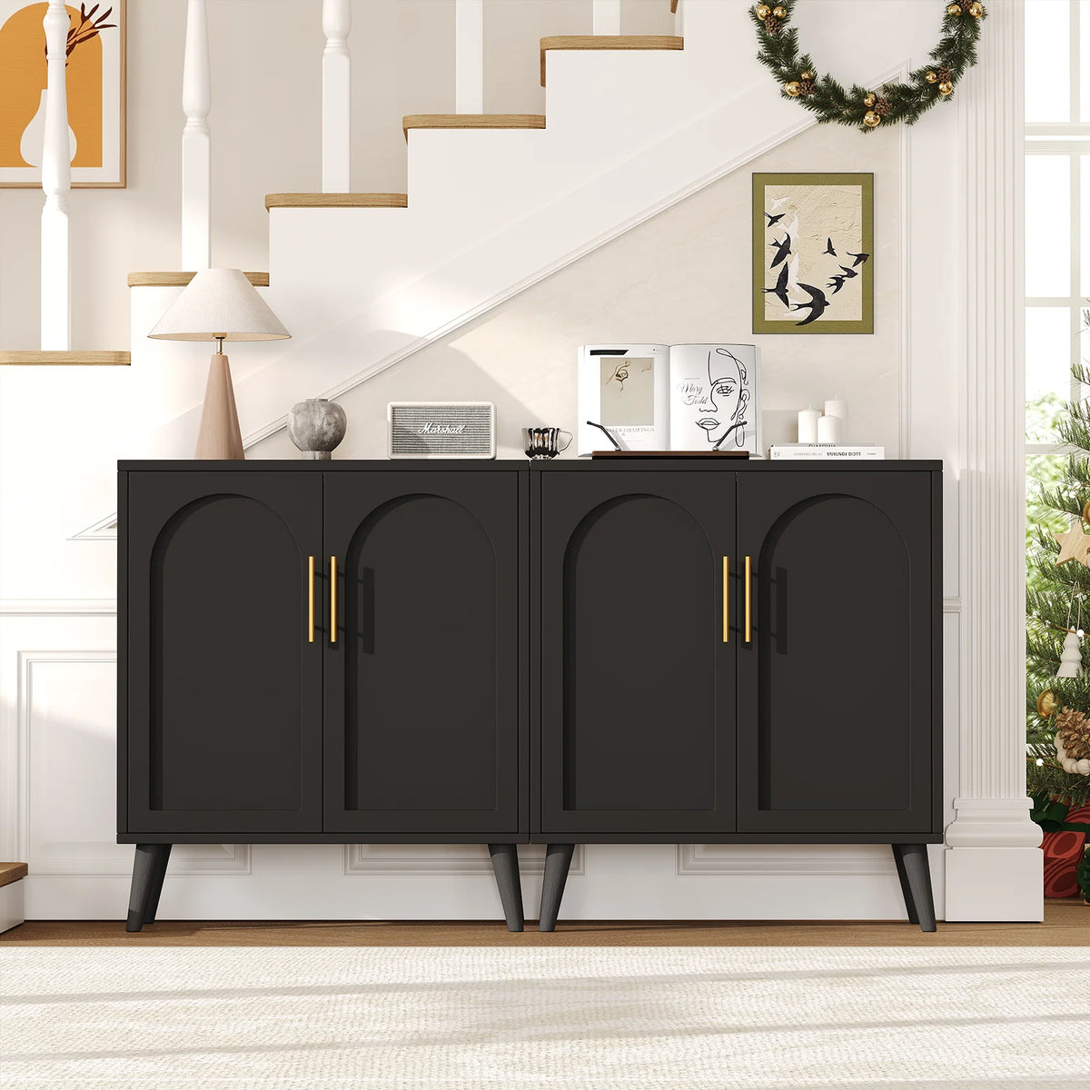 Rovaurx Set of 2 Rattan Storage Cabinet with Doors, Accent Bathroom Floor Cabinet, Modern Sideboard Buffet Cabinet for Living Room, Entryway, Dining Room and Kitchen, Natural