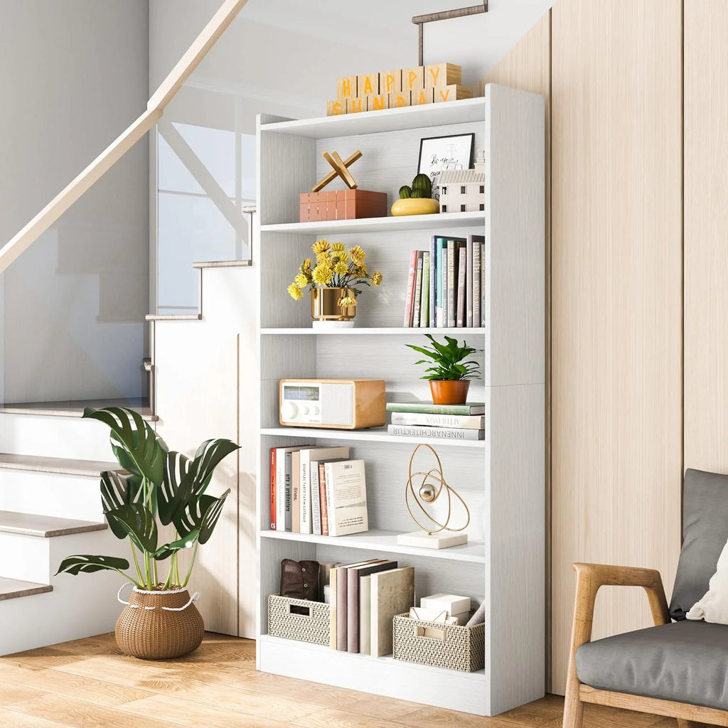 LL 72-inch Tall Bookcase, Modern 6-Tier White Library Bookshelf with Storage Shelves, Large Open Bookcases Wood Display Shelving Unit for Bedroom Living Room Office