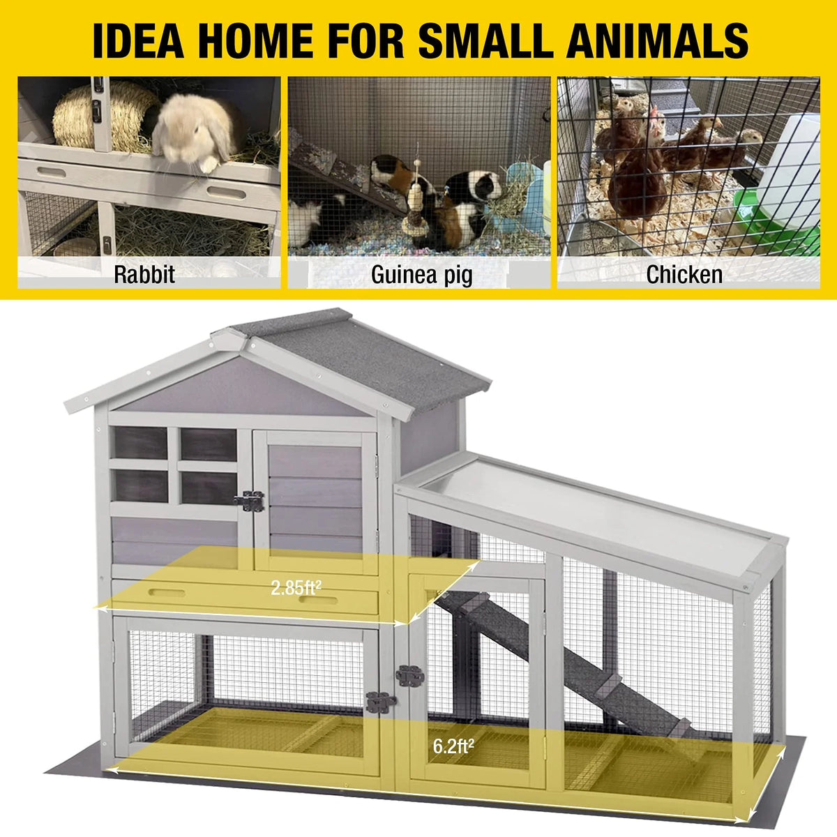 Aivituvin Rabbit Hutch Outdoor Indoor Bunny Cage with Pull Out Tray, Upgraded Chicken Coop with Removable Wire Mesh Bottom, Gray