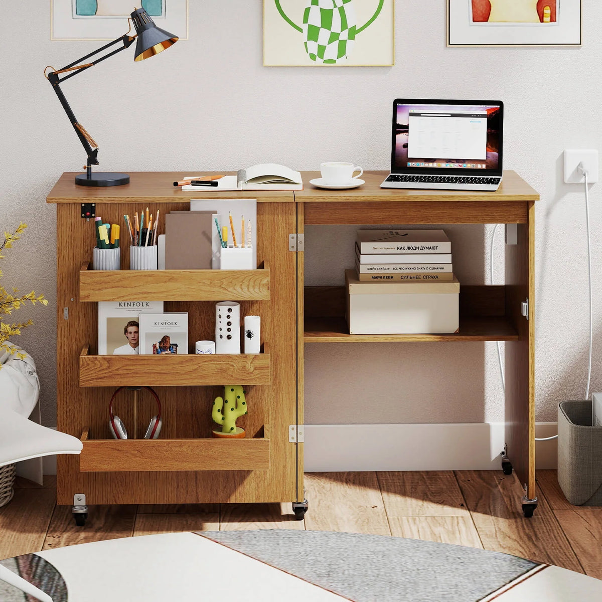 Costway Folding Sewing Table Rolling Craft Station with 3 Storage Bins & Charging Station Natural