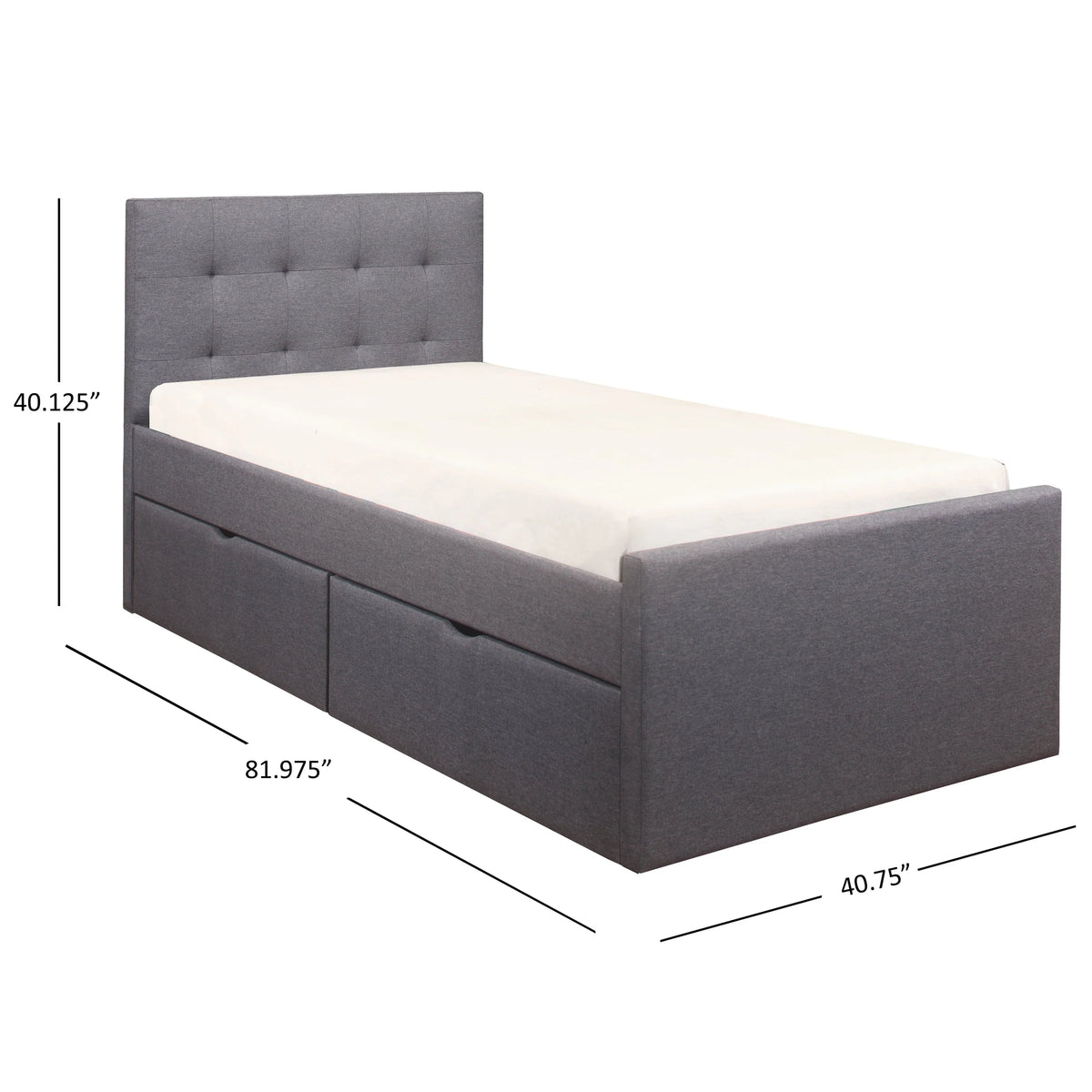 Emory Upholstered Twin Platform Bed with 2 Storage Drawers, Gray, by Hillsdale Living Essentials