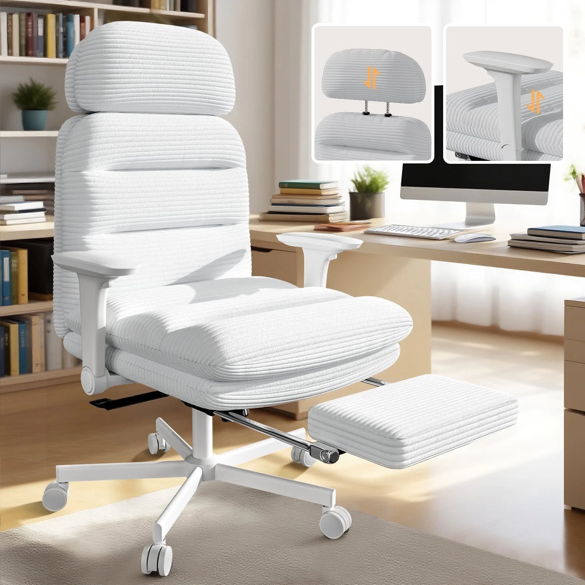 Solfway Criss Cross Chair with Wheels & Flip-up Arms, Executive Office Chair with Foot Rest, Swivel Cross Legged Office Chair, White Corduroy Fabric Comfy Computer Desk Chair, Vanity Chair for Home