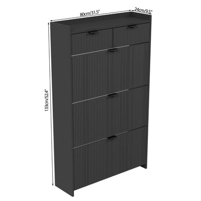 Shoe Cabinet, Free Standing Tipping Bucket Shoe Rack Organizer with 3 Flip Drawers, Modern Entryway Narrow Shoe Rack with 2 Drawers & Top Storage, for Hallway Bedroom, Walnut