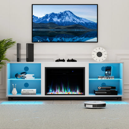 Easoger Fireplace TV Stand, 68'' TV Stand with 23" Electric Fireplace, LED Light Entertainment Center, TV Stands for 80 inch TV, Black