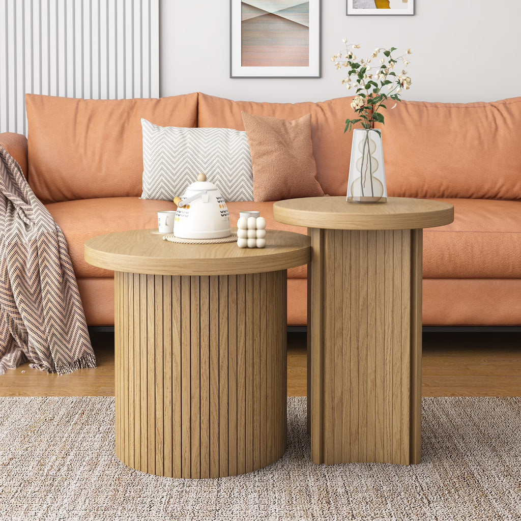 Nesting Coffee Table Set of 2, Wooden Round Coffee Table, Modern Circle Side Table, Accent End Side Table for Living Room, Office, Balcony