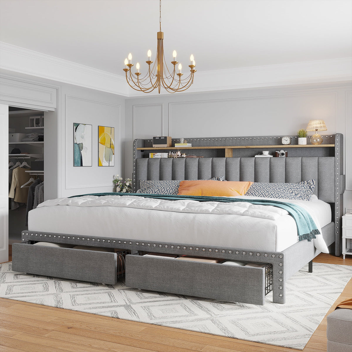 EnHomee Upholstered King Size Bed Frame with Headboard and Storage King Bed Frame with 2 Drawers,Grey