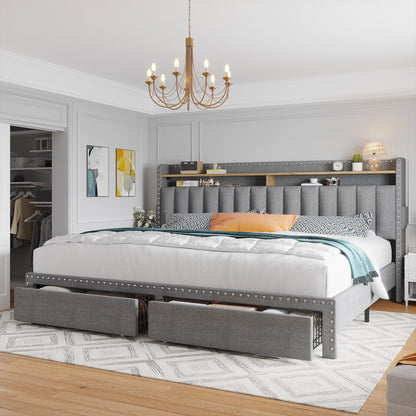 EnHomee Upholstered King Size Bed Frame with Headboard and Storage King Bed Frame with 2 Drawers,Grey