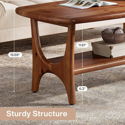 Fimind Solid Wood Coffee Table, 47.24" Mid-Century Modern Rectangle Center Table with 2-Tier Storage Shelf for Living Room, Small Space