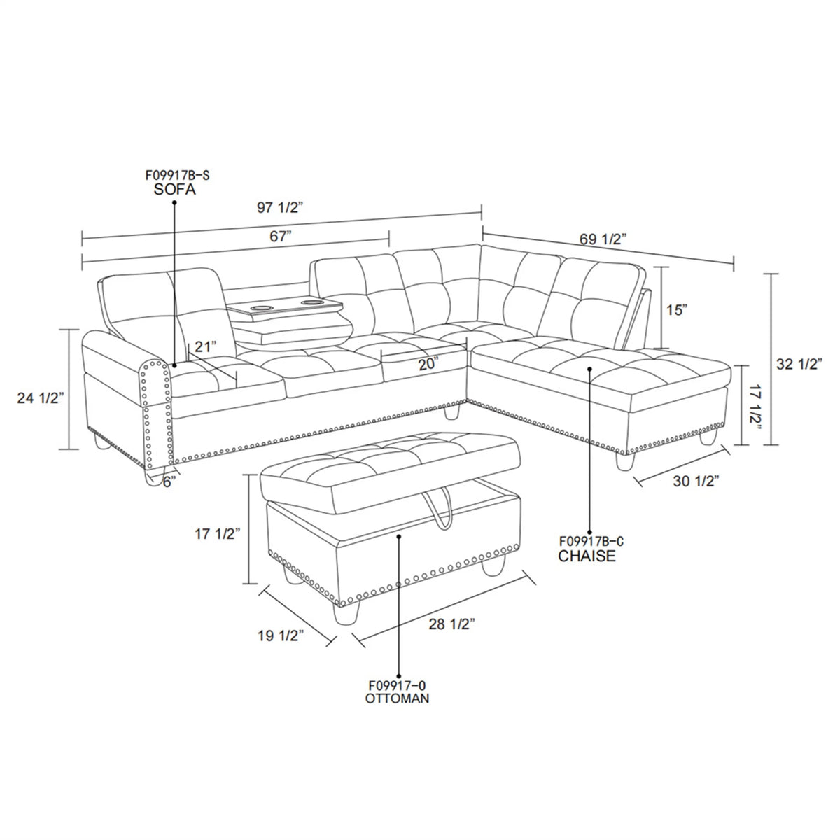Aukfa 3 Piece Sectional Sofa, Living Room Couch with Storage Ottoman&Cup Holder, Linen, Right Hand, Purple