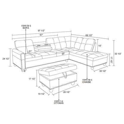 Aukfa 3 Piece Sectional Sofa, Living Room Couch with Storage Ottoman&Cup Holder, Linen, Right Hand, Purple