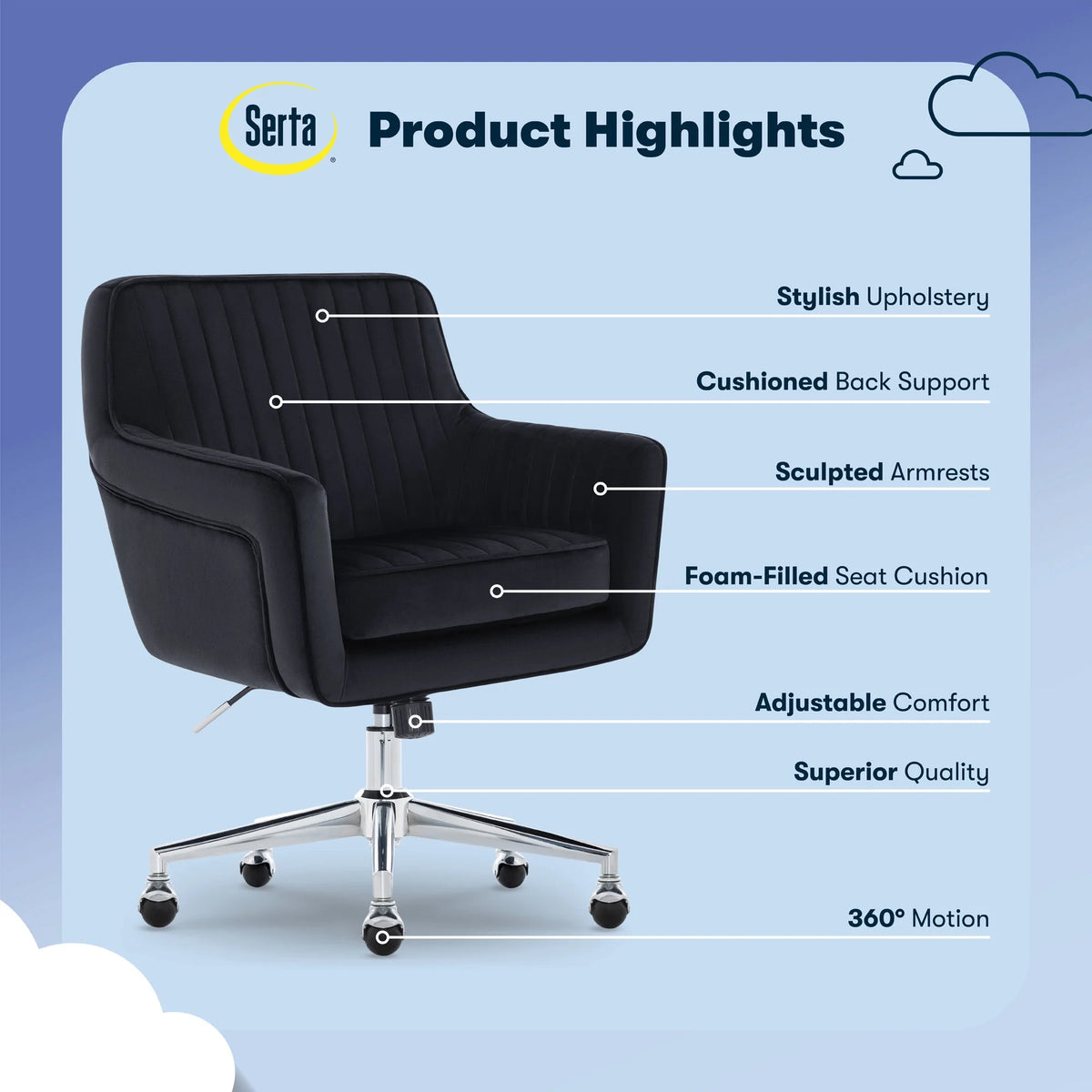 Serta Ashleigh Modern Office Chair Channel-Tufted Design White Velvet Fabric