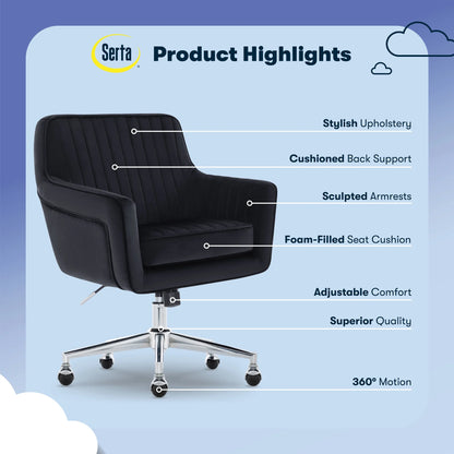 Serta Ashleigh Modern Office Chair Channel-Tufted Design White Velvet Fabric