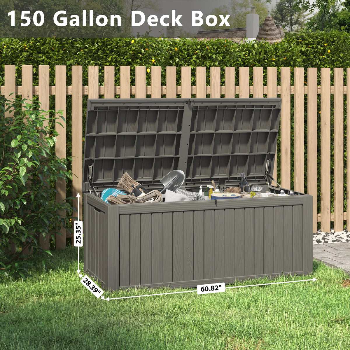 LHBcraft 150 Gallon Deck Box, Outdoor Storage Box, Large Waterproof Resin Indoor Storage Box with Built-in Steel Beams for Patio, Cushions, Pool Supplies