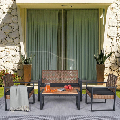 Heavy-duty Patio Furniture Set, 4 Piece Outdoor Sectional Conversation Sets, BrownPE Rattan Patio Sofa Set with Blue Cushions