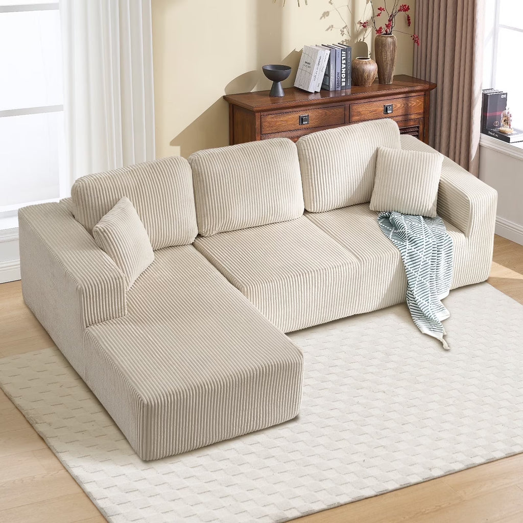 Bonzy Home Sectional Sofa with L-Shape Chaise,Modern Modular Sofa Upholstered Couch Corduroy Fabric for Living Room Bedroom Beige