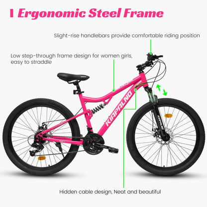 26 Inch Mountain Bike Dual Full Suspension, Shimano 21-Speed Mountain Bicycle with Dual Disc Brakes and Carbon Steel Frame, Trail Beach Snow Commuter City Bike for Adult Men Women, Black