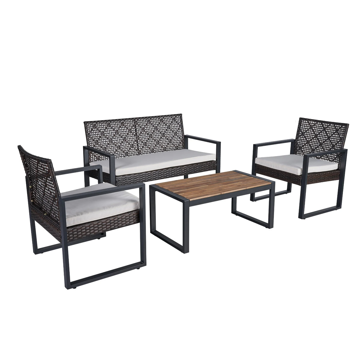 Heavy-duty Patio Furniture Set, 4 Piece Outdoor Sectional Conversation Sets, BrownPE Rattan Patio Sofa Set with Blue Cushions