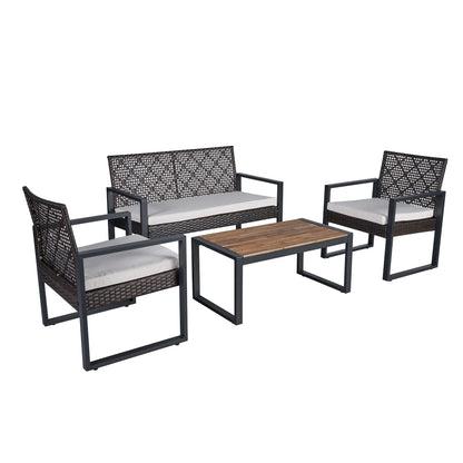 Heavy-duty Patio Furniture Set, 4 Piece Outdoor Sectional Conversation Sets, BrownPE Rattan Patio Sofa Set with Blue Cushions