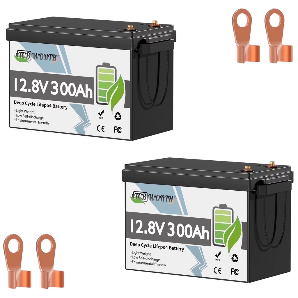 2Pack 12V 300Ah LiFePO4 Lithium Battery,TCBWORTH  Batteries for RV,Solar,Marine,Camper,Home Energy Storage,Golf Carts,off-Grid,Built in 200A BMS,15000+ Deep Cycles