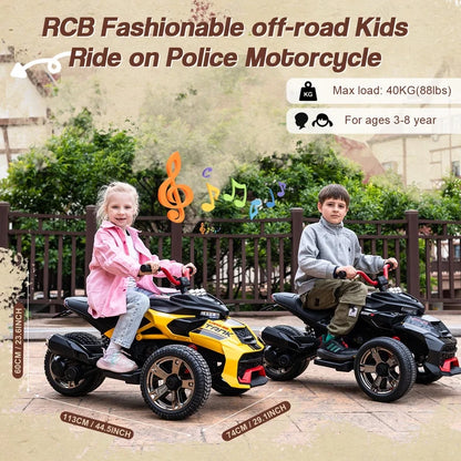 RCB 12V Electric Ride-On,Dual Motors,Music,Up to 5 mph,3 Wheel ATV Style for Kids Ages 3+,Black