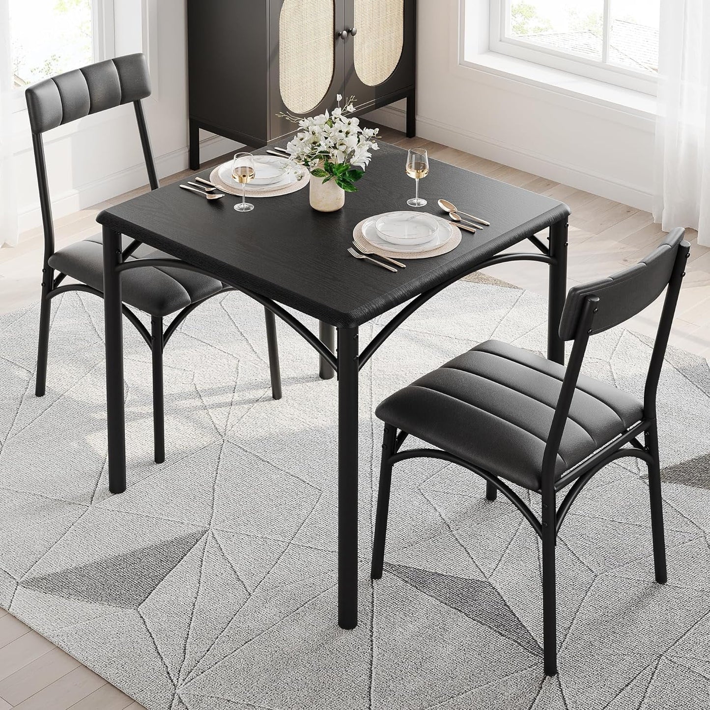 Dining Table Set for 2, Kitchen Table and Chairs for 2 with Upholstered Chairs, 3 Piece Dining Room Table Set, Square Kitchen Table Set for Small Space, Apartment, Studio
