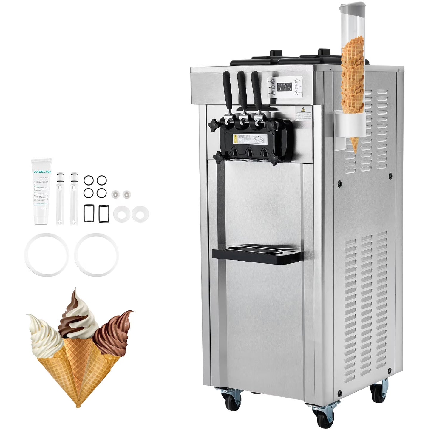 KFFKFF Commercial Soft Ice Cream Machine 21-31 L/H Output 3-Flavor  LED Display Auto Clean 4.3L/1.1GAL Hopper ,1.7L/0.45gal Cylinder