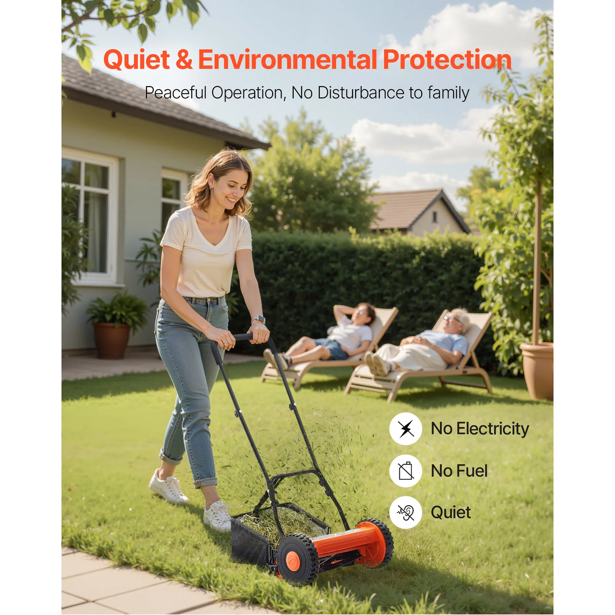 KFFKFF 16-Inch Manual Push Reel Lawn Mower, 5-Blade Design, Adjustable Cutting Height from 0.6 to 1.75 Inches, Walk-Behind Mower with Grass Collection Bag for Lawns, Driveways, and Courtyards