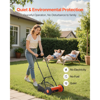 KFFKFF 16-Inch Manual Push Reel Lawn Mower, 5-Blade Design, Adjustable Cutting Height from 0.6 to 1.75 Inches, Walk-Behind Mower with Grass Collection Bag for Lawns, Driveways, and Courtyards
