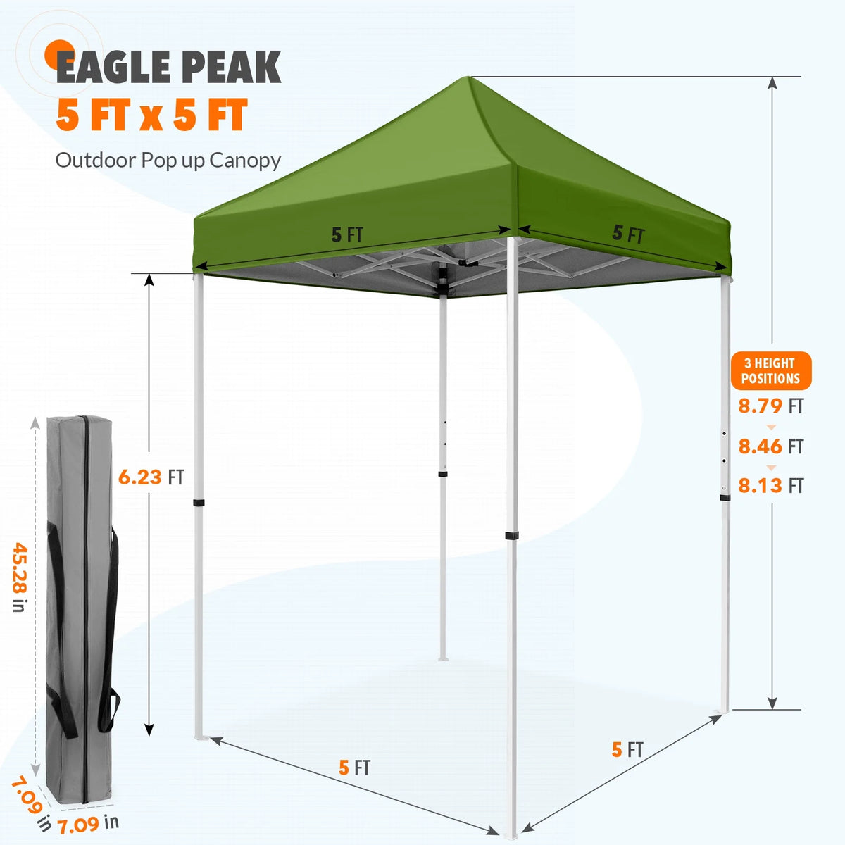 EAGLE PEAK 5x5 Pop Up Canopy Tent Instant Outdoor Canopy Easy Set-up Straight Leg Folding Shelter（Blue）