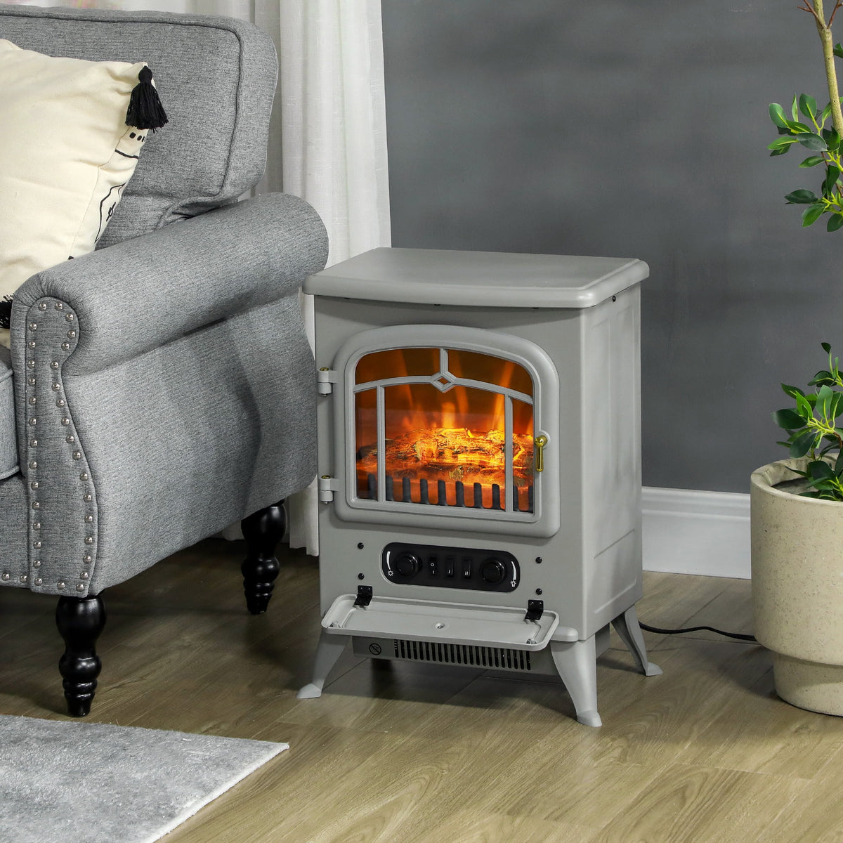 HOMCOM Electric Fireplace Heater with Realistic LED Flames Beige