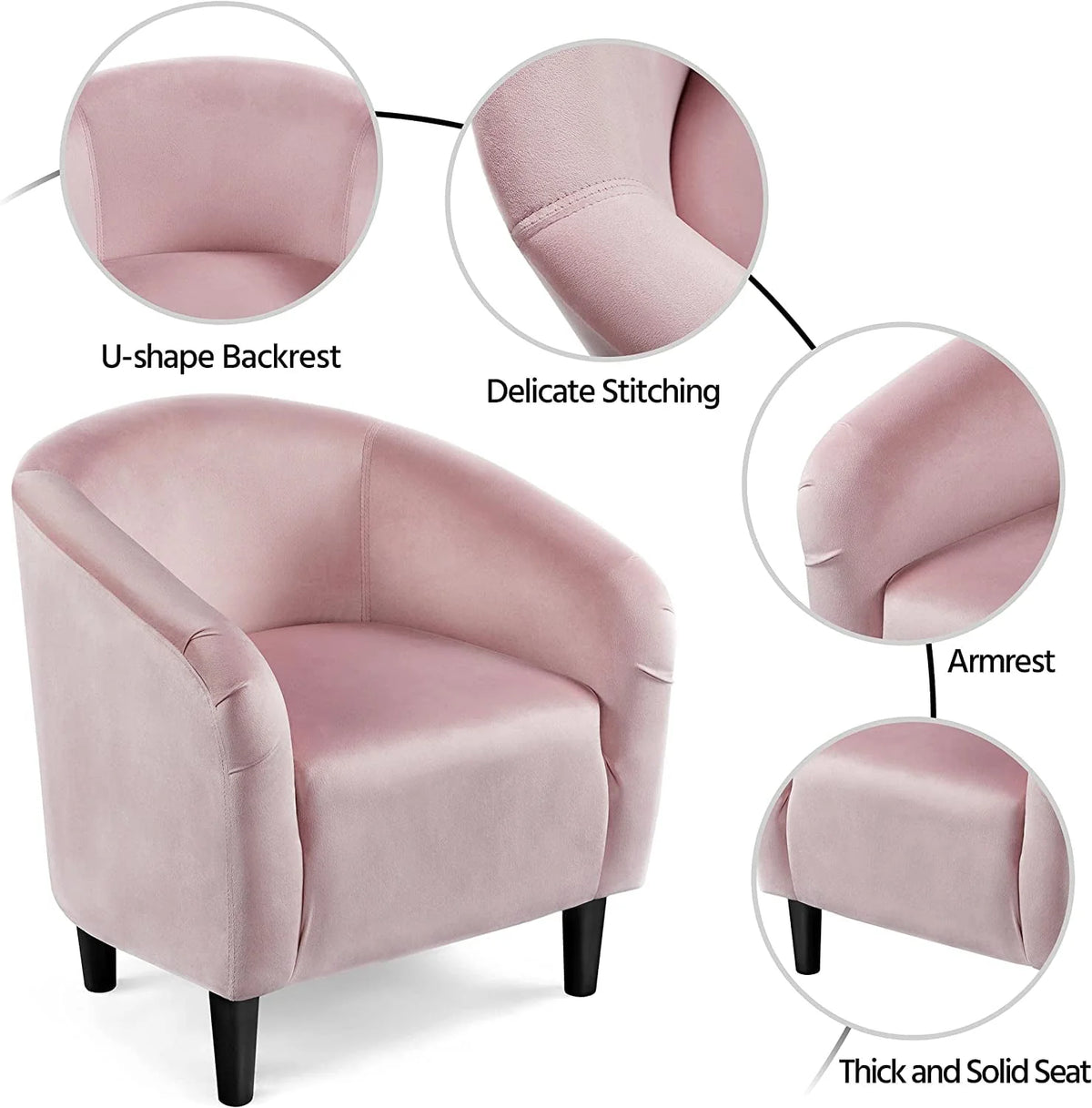 Club Chair, Velvet Accent Chair Upholstered Barrel Chair Sitting Chair with Armrest and Low Back for Living Room Bedroom, Pink