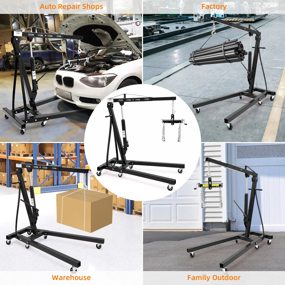 GARVEE 2 Ton Folding Hydraulic Engine Hoist with Lever,Folding Engine Shop Crane Hoist Lift,Heavy Cherry Picker with 6 Wheels for Garage,Workshop,Yellow