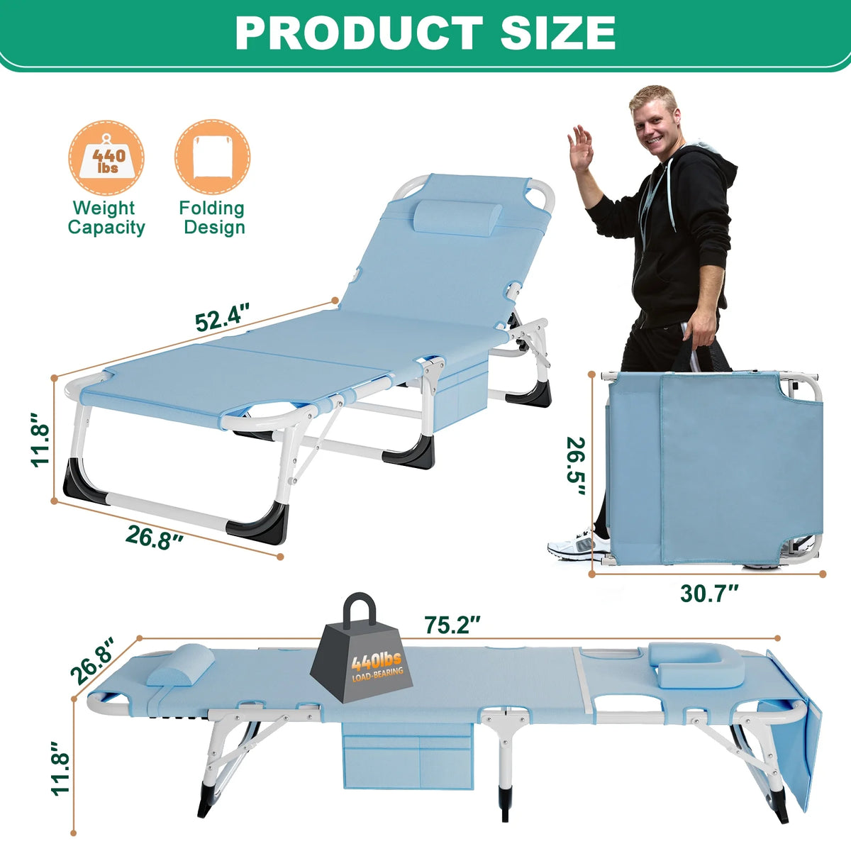 MOPHOTO Lounge Chair with Mattress, Outdoor Chaise Lounge Support 440 Lbs, Adjustable Portable Heavy Duty Sleeping Cots Bed for Camping, Pool, Beach, Patio